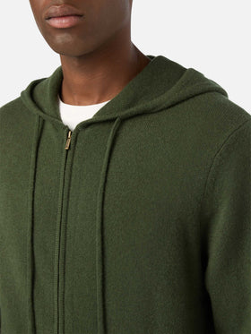 Maglia Notting verde militare in lambswool con cappuccio e zip intera