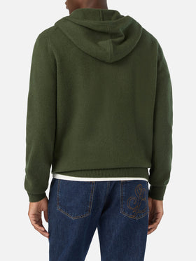 Maglia Notting verde militare in lambswool con cappuccio e zip intera