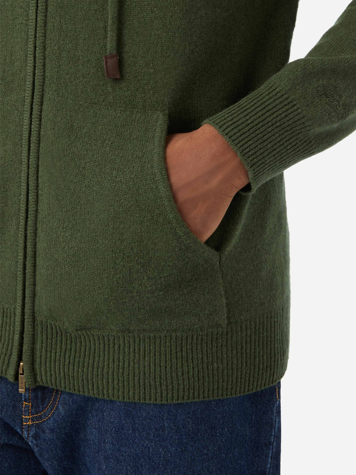 Maglia Notting verde militare in lambswool con cappuccio e zip intera