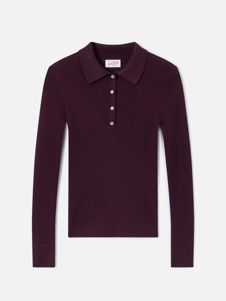 Punto con cuello polo Aubergine Odell en lana merino 
