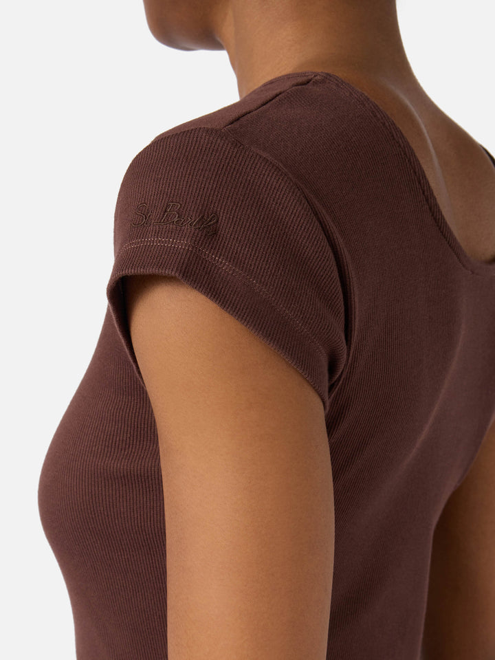 Abito lungo Olimpia marrone in cotone elasticizzato a costine