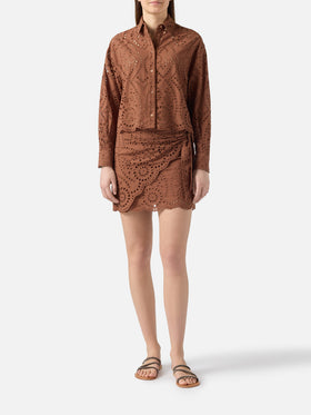 Camicia crop Oriane in cotone sangallo marrone