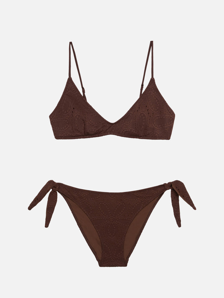 Bikini bralette escotado Paloma Yali en encaje sangallo marrón 