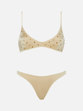 Scoop bralette bikini Paloma Naomi in gold with big rhinestone embellishment