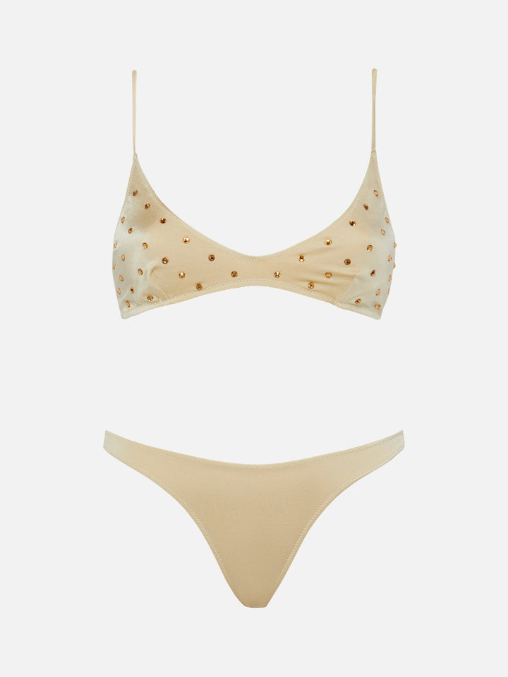 Scoop bralette bikini Paloma Naomi in gold with big rhinestone embellishment