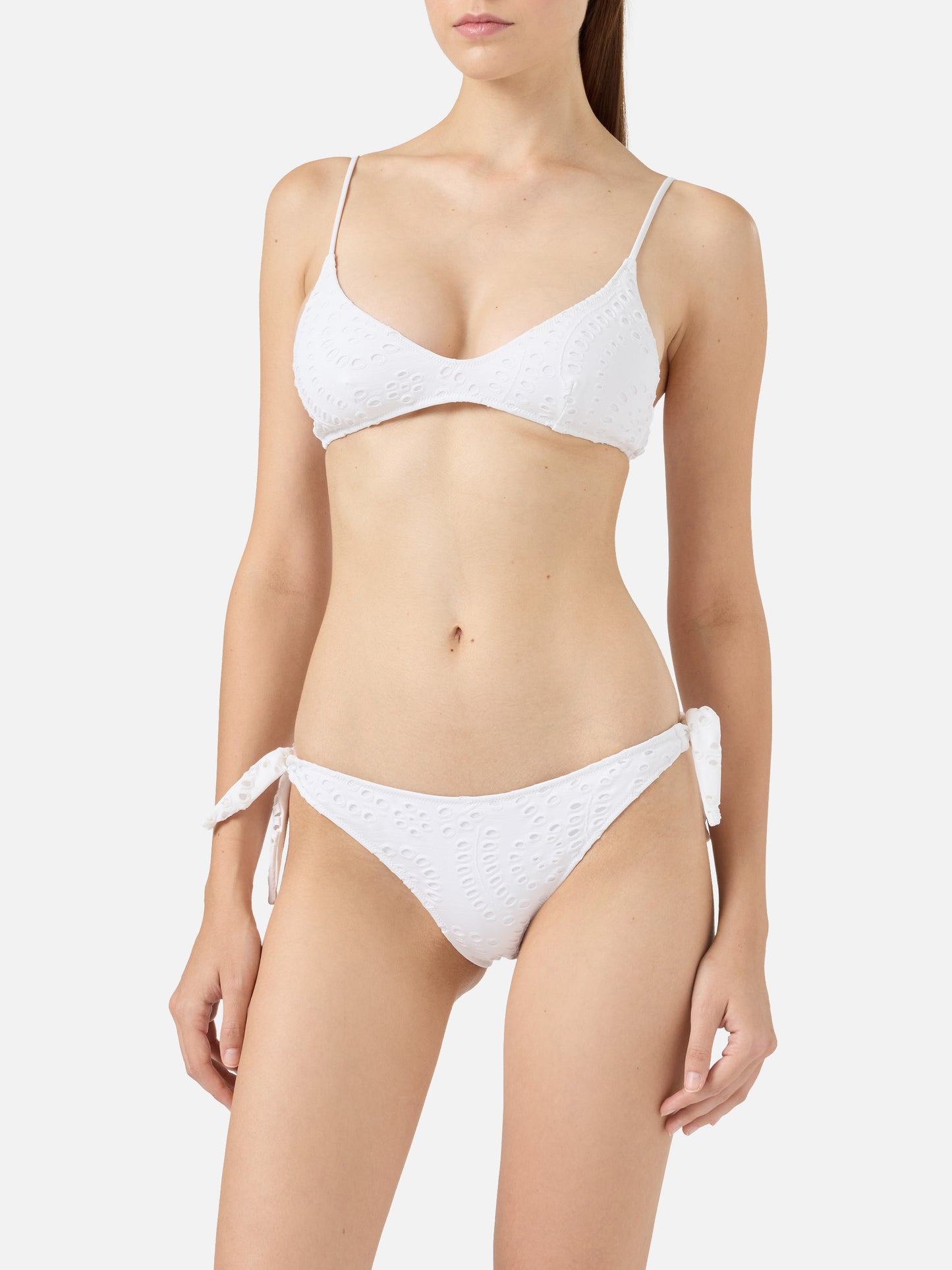 Bikini a bralette scollata Paloma Yali in sangallo bianco