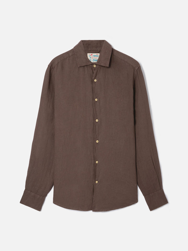 Camicia Pamplona in lino marrone tinta unita