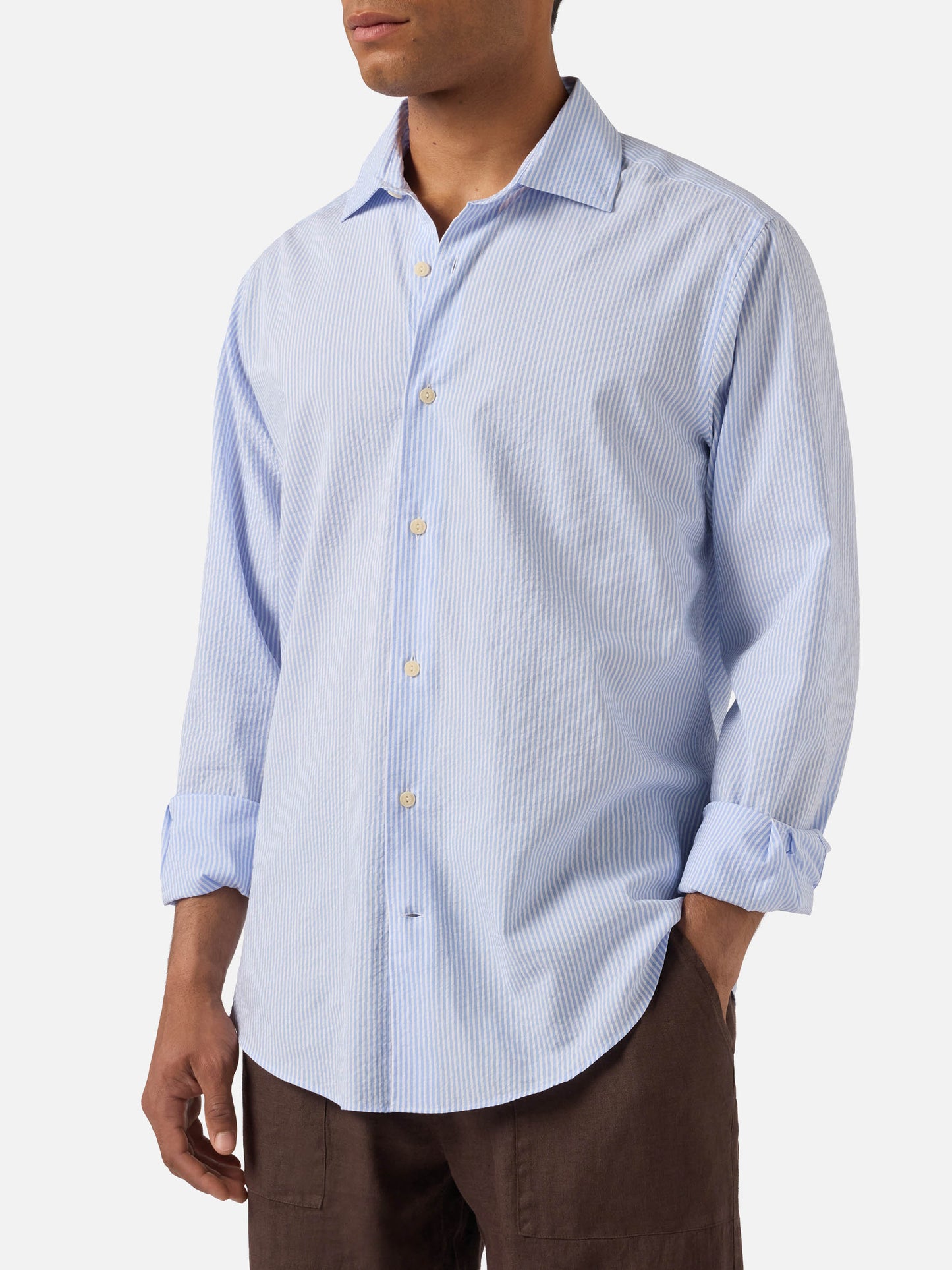 Camicia Pamplona in seersucker a righe azzurre