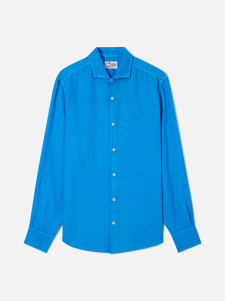 Camicia Pamplona in lino stampa watercolor bluette