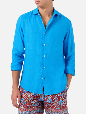 Camicia Pamplona in lino stampa watercolor bluette