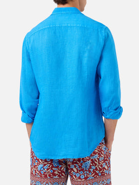 Camicia Pamplona in lino stampa watercolor bluette