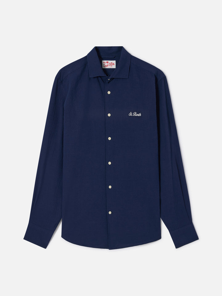 Pamplona seersucker shirt in blue with embroidery