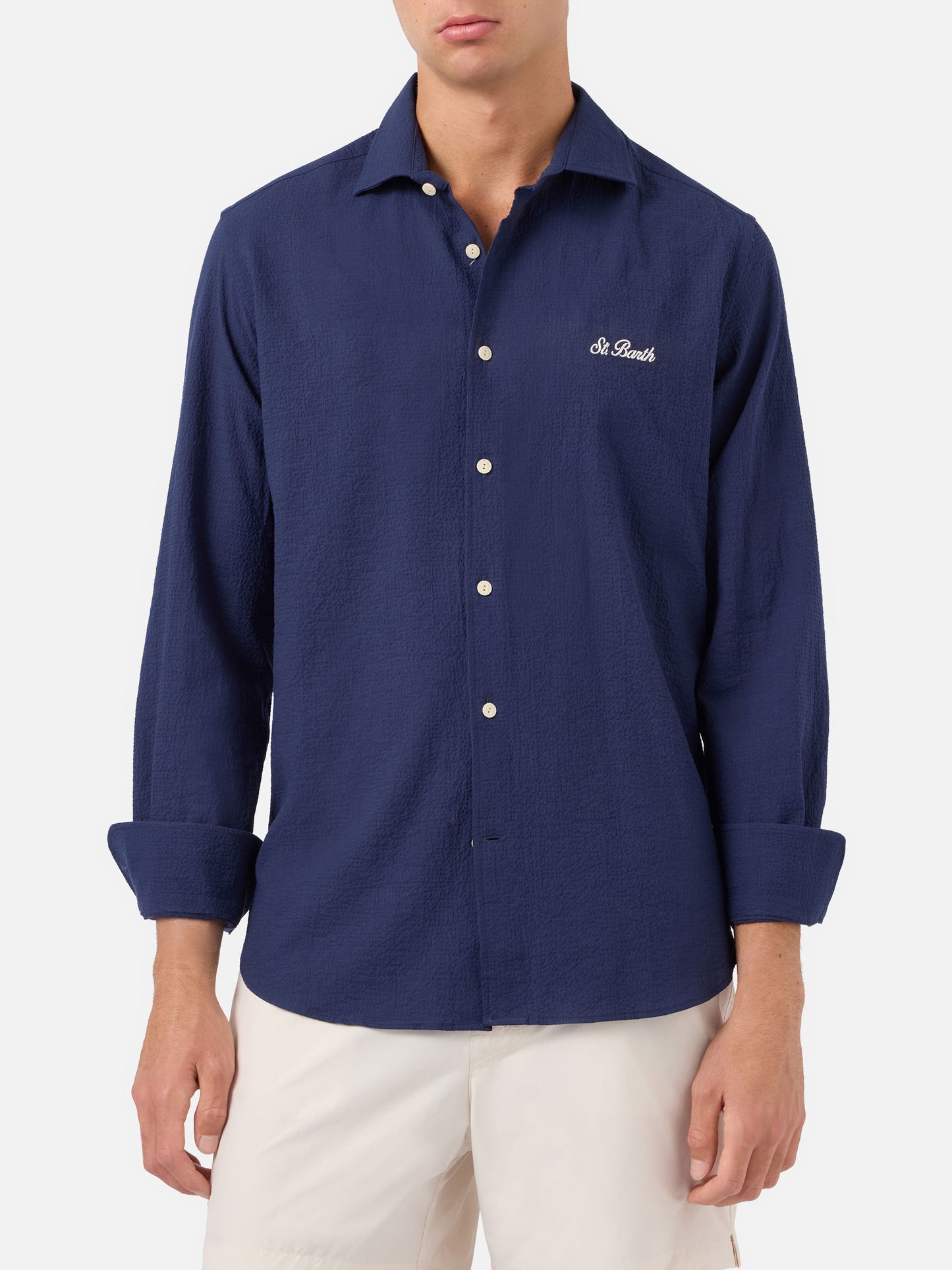 Camicia Pamplona in seersucker blu con ricamo
