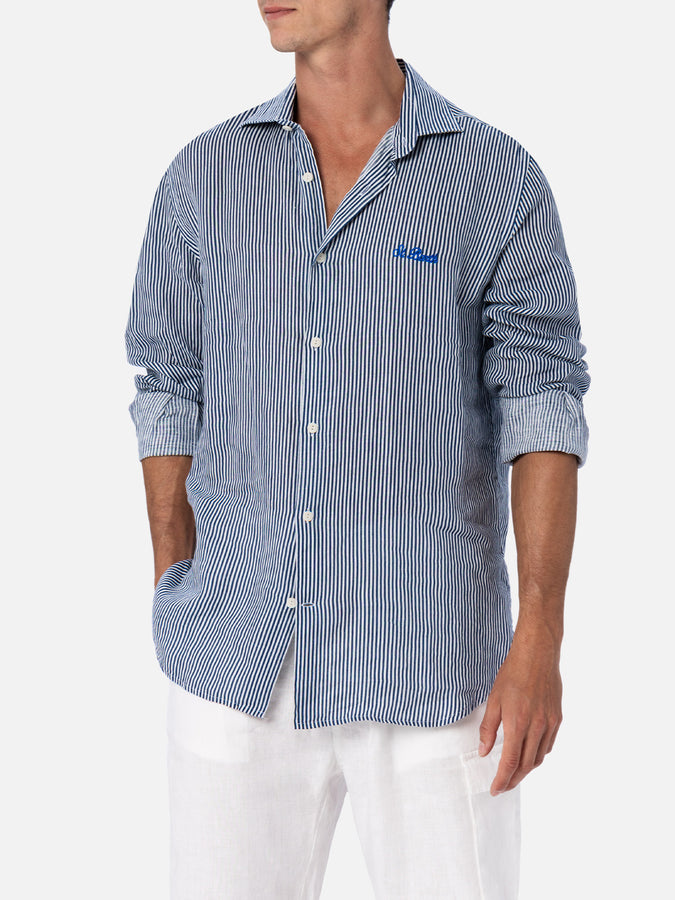 Mc2 Saint Barth Camicia da uomo in lino rigato blu navy Pamplona