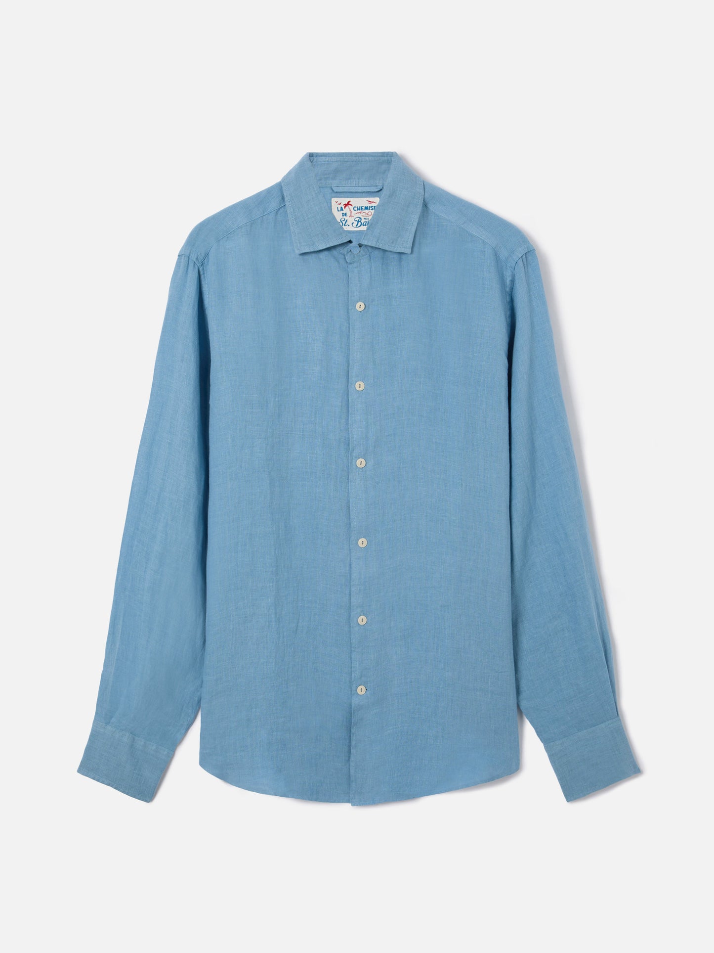 Camicia Pamplona in lino azzurro polvere tinta unita