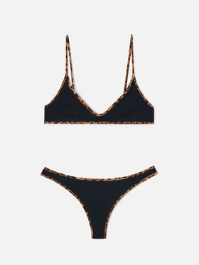 Bikini Panamy String nero con bordi animalier a contrasto