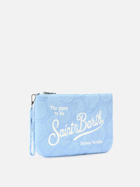 Parisienne Sponge terry-effect pouch with embossed shell pattern and removable strap