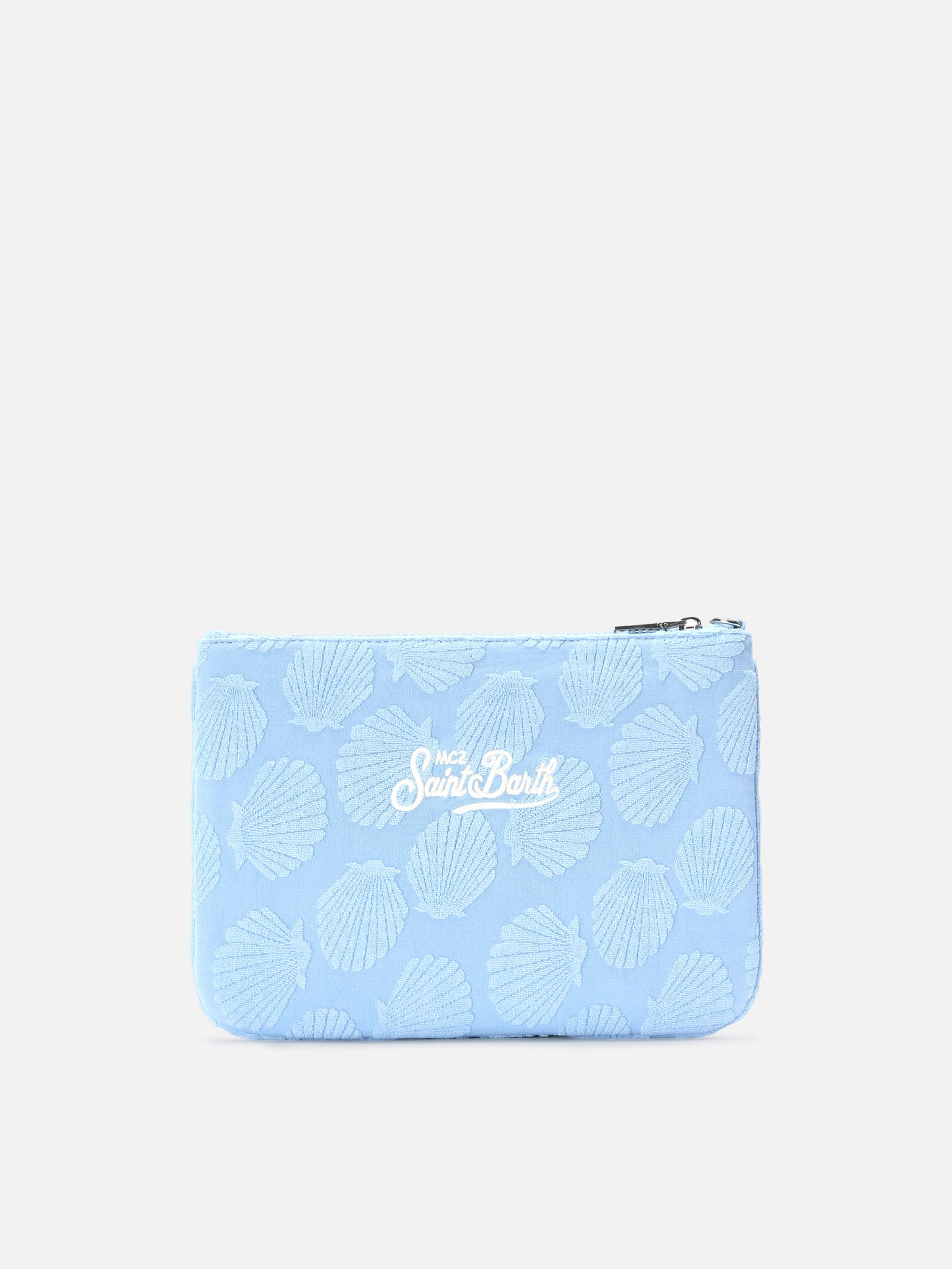 Parisienne Sponge terry-effect pouch with embossed shell pattern and removable strap