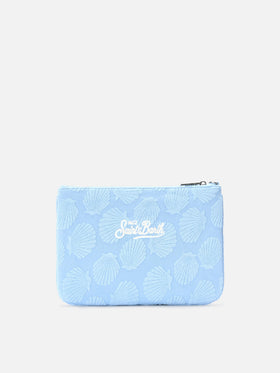 Parisienne Sponge terry-effect pouch with embossed shell pattern and removable strap