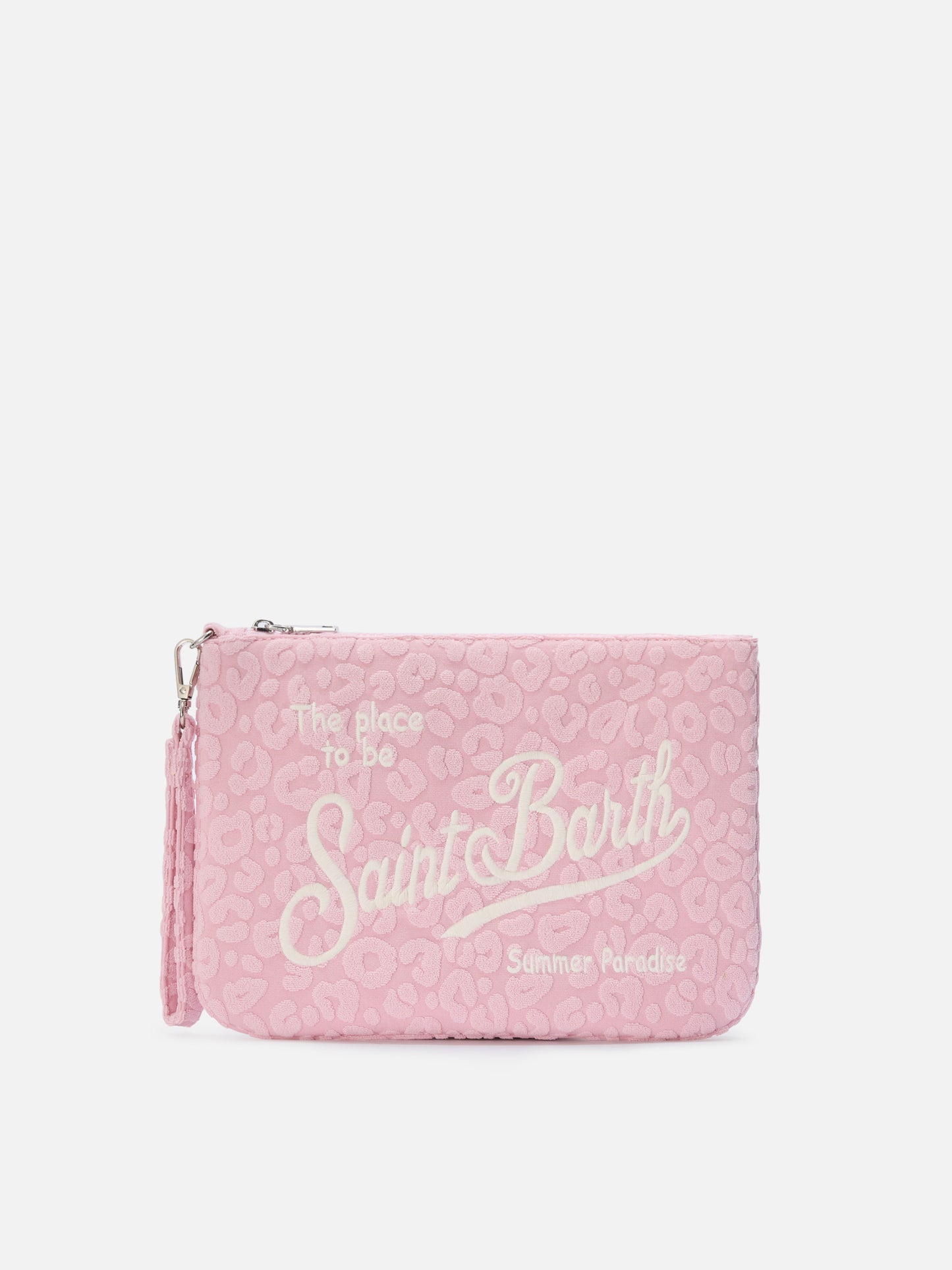 Parisienne Sponge terry-effect pouch with embossed leopard pattern and removable strap