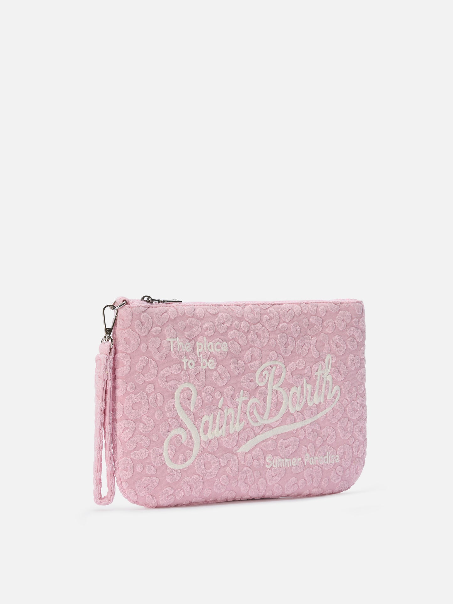 Parisienne Sponge terry-effect pouch with embossed leopard pattern and removable strap