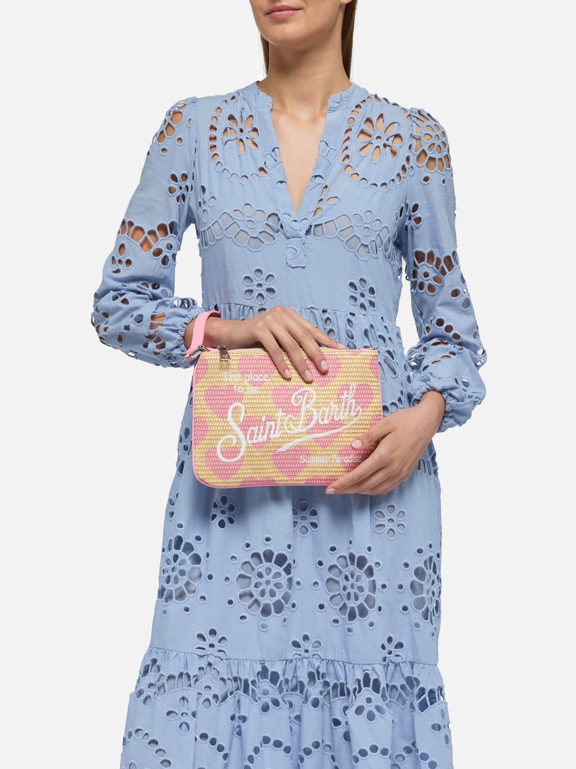 Parisienne Straw effect pouch bag with hearts print - MC2 Saint Barth