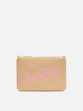 Parisienne Straw effect pouch bag with pink details - MC2 Saint Barth