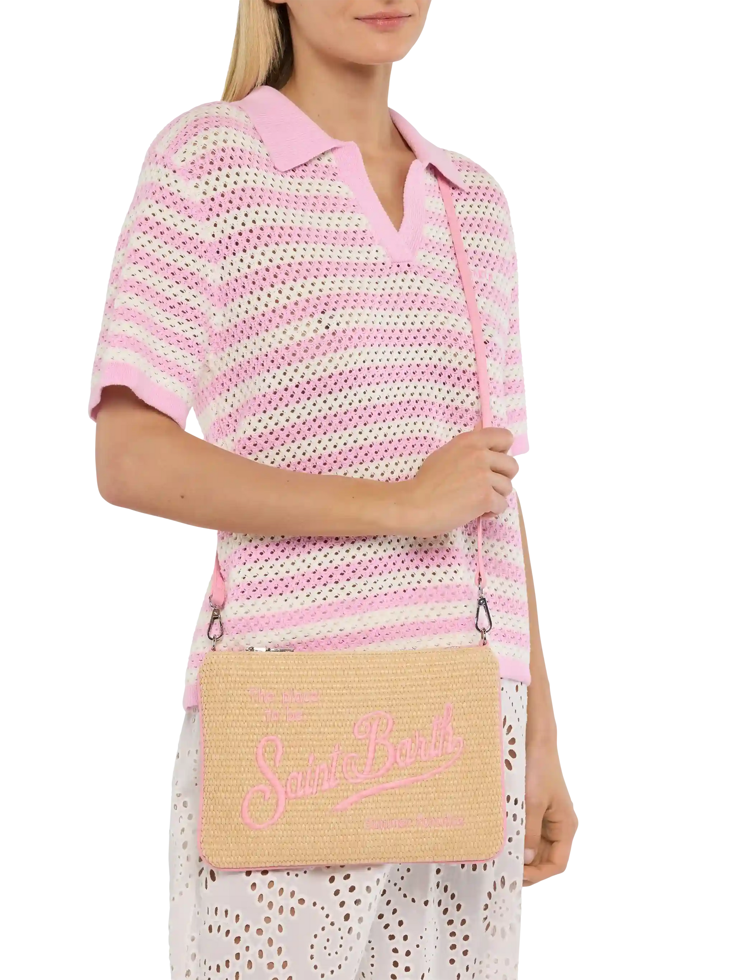 Parisienne Straw effect pouch bag with pink details - MC2 Saint Barth