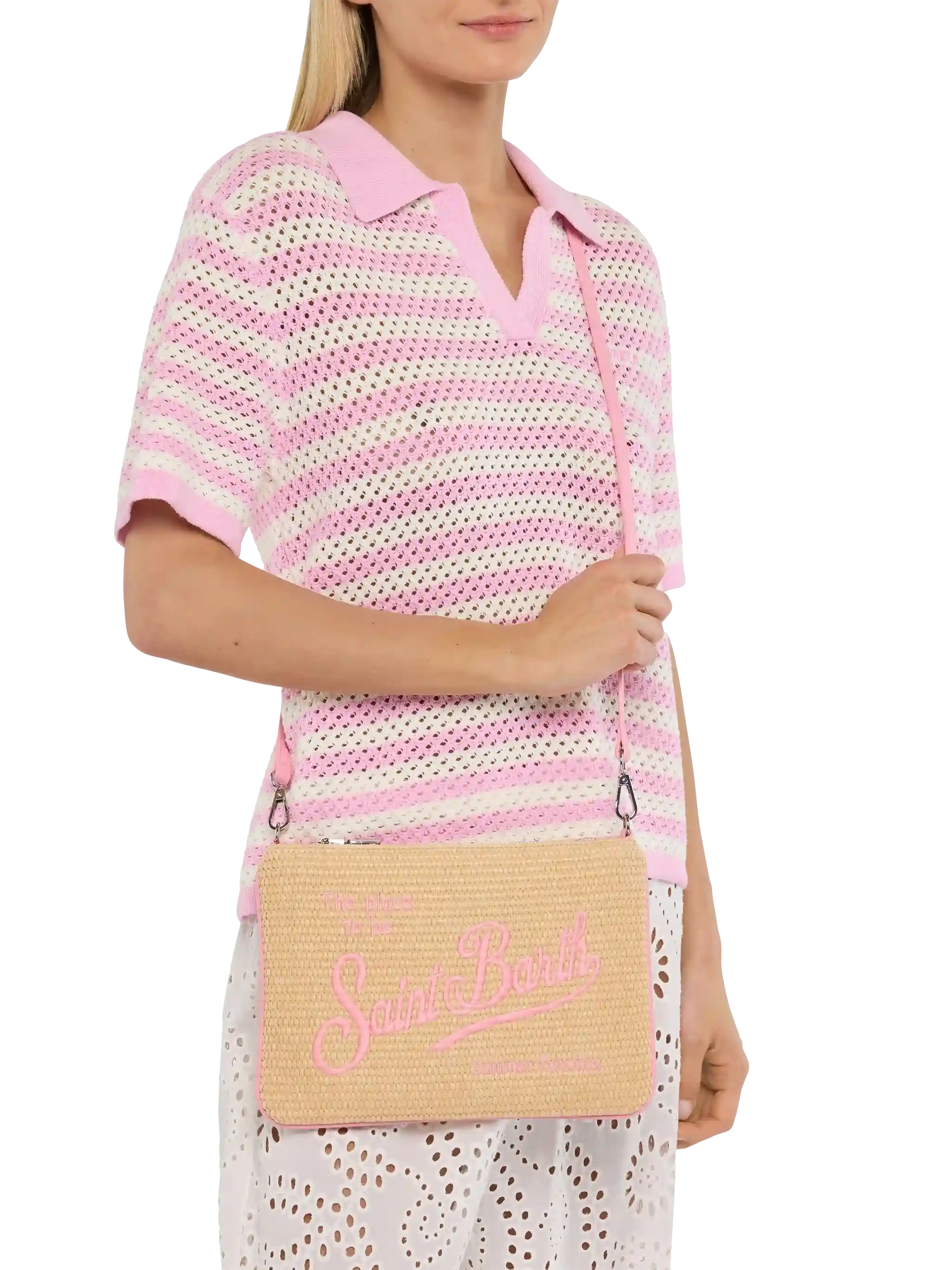 Parisienne Straw effect pouch bag with pink details - MC2 Saint Barth