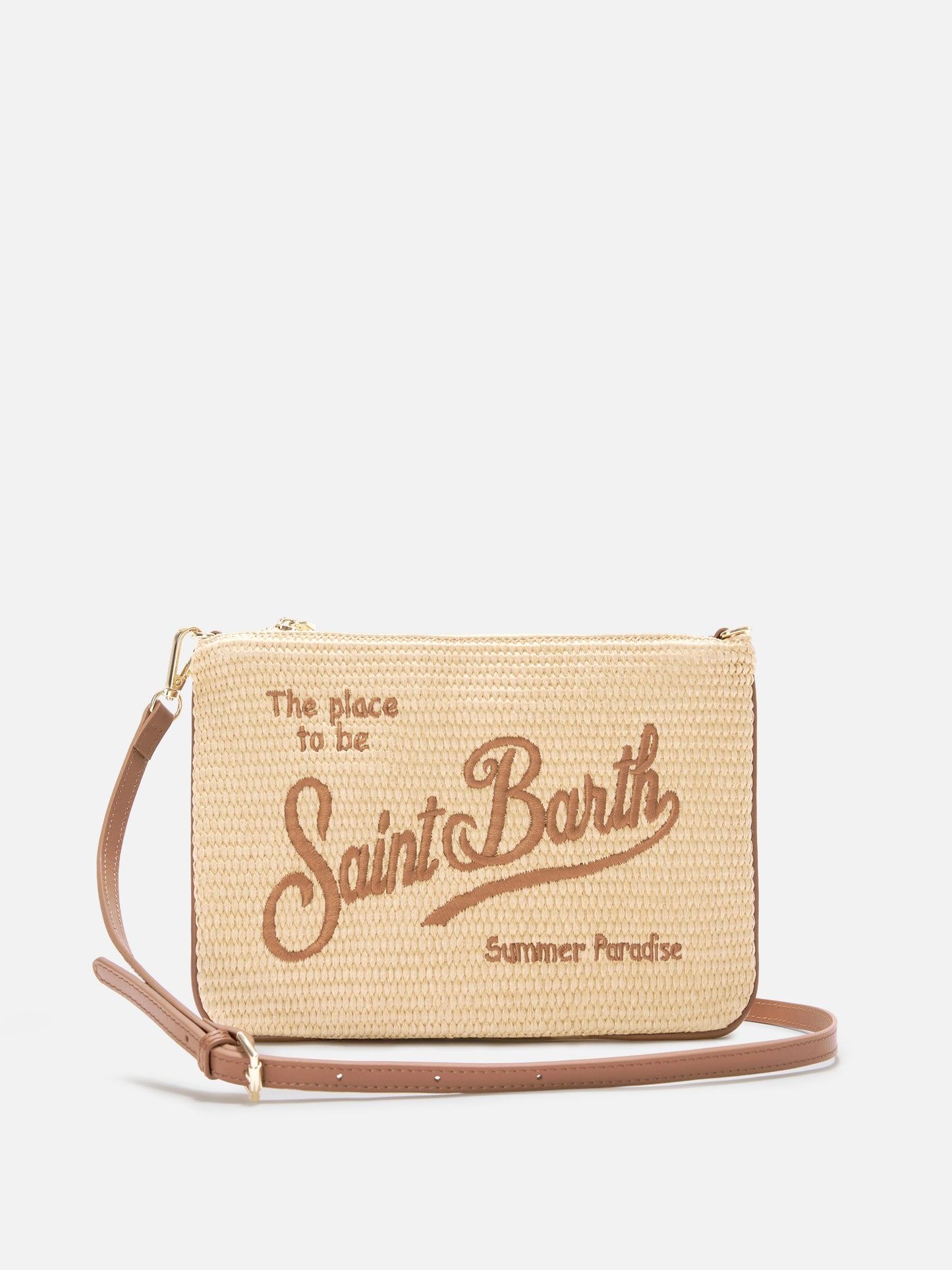 Parisienne pouch effetto paglia con logo ricamato marrone e tracolla removibile