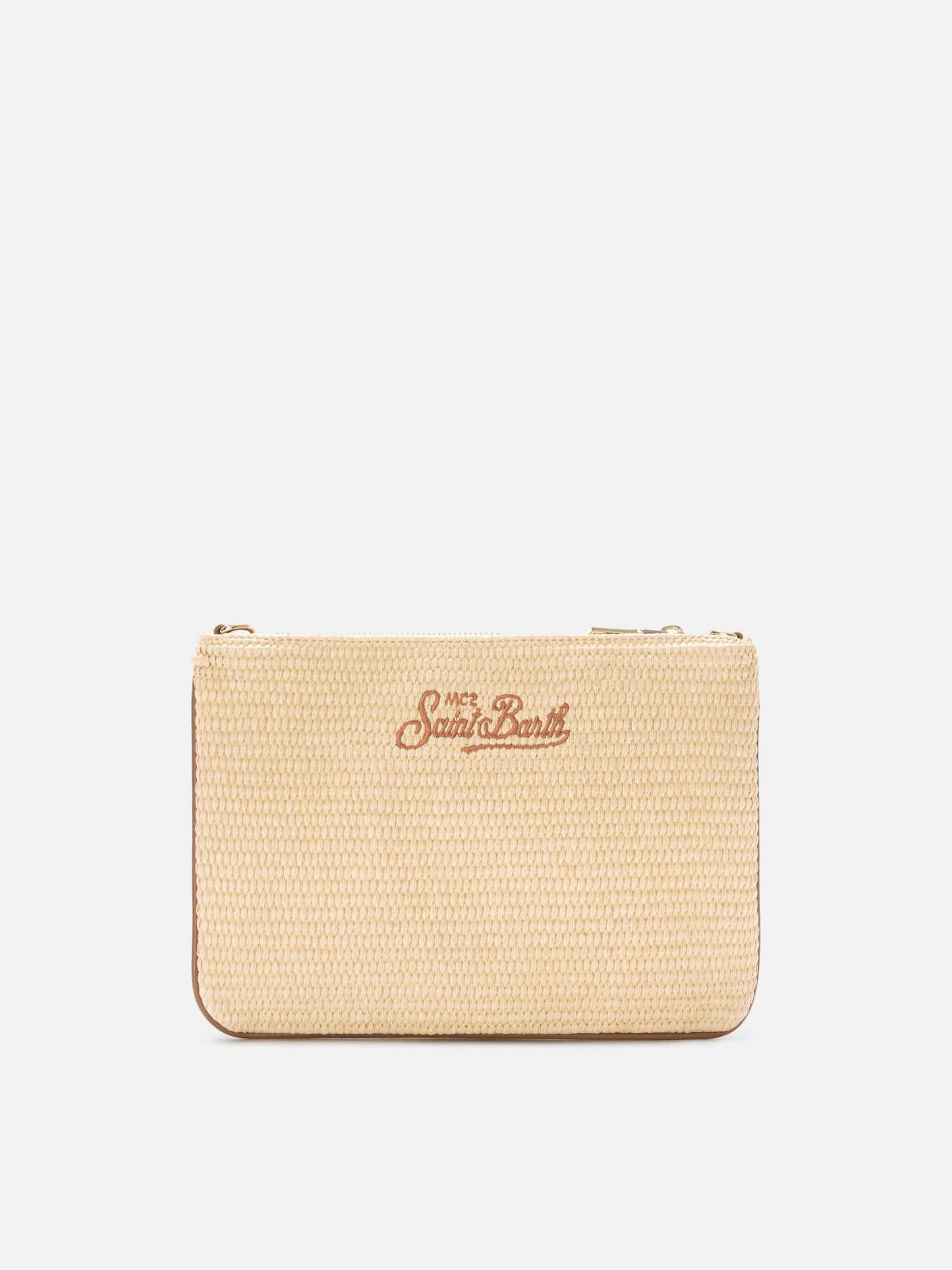 Parisienne pouch effetto paglia con logo ricamato marrone e tracolla removibile
