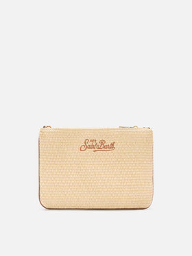 Parisienne pouch effetto paglia con logo ricamato marrone e tracolla removibile