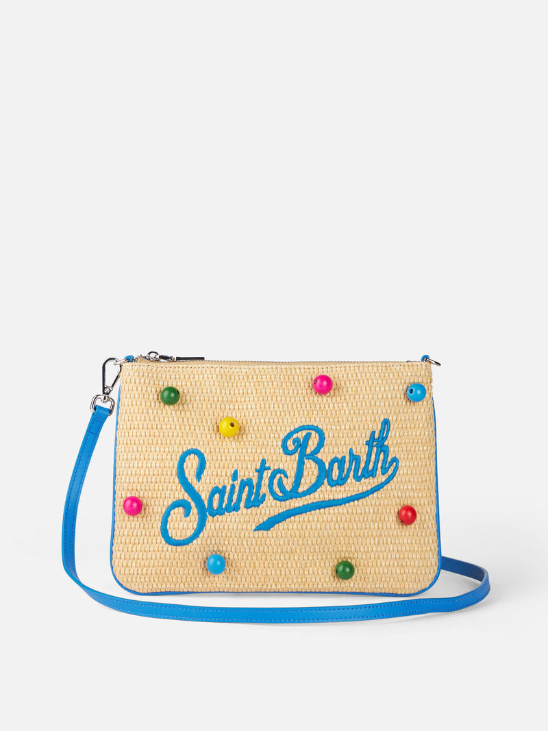 Parisienne Straw pouch bag with wood beads embellishment
