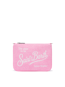Parisienne-Stroheffekt pouch in Rosa mit gesticktem Logo und abnehmbarem Riemen 