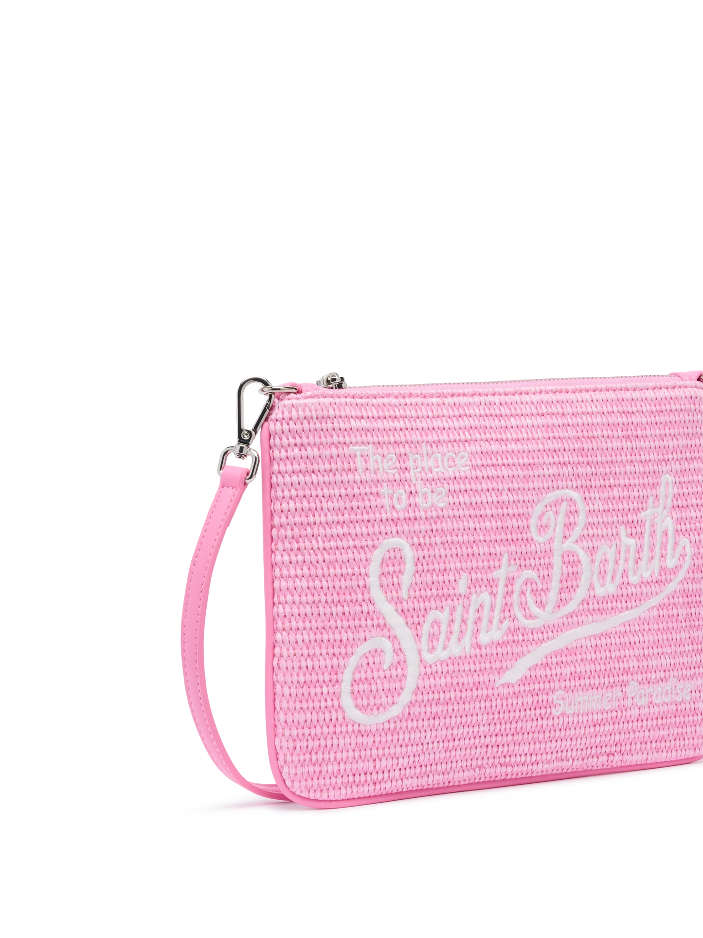 Parisienne-Stroheffekt pouch in Rosa mit gesticktem Logo und abnehmbarem Riemen 