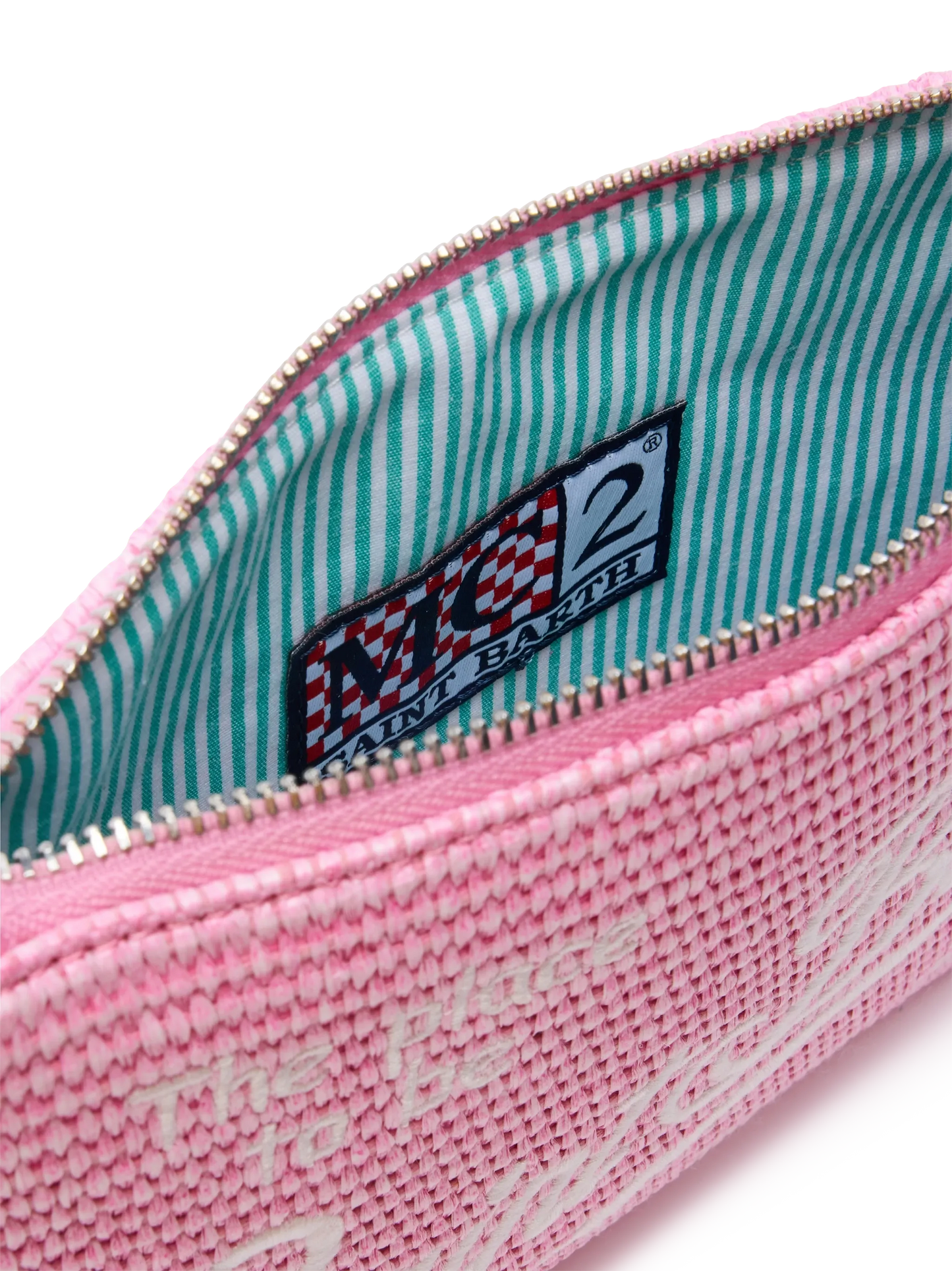 Parisienne-Stroheffekt pouch in Rosa mit gesticktem Logo und abnehmbarem Riemen 