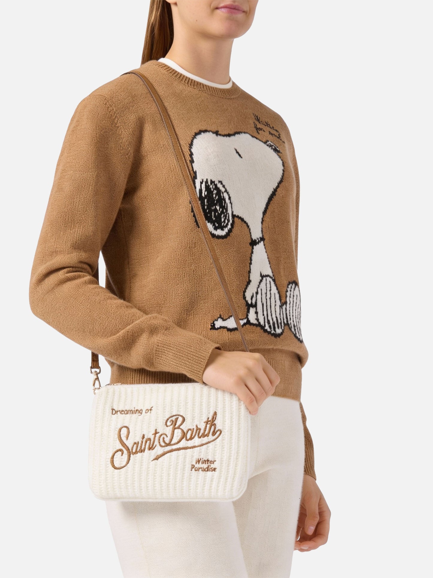 Borsa crossbody Parisienne Wool Rib in misto lana a coste bianca