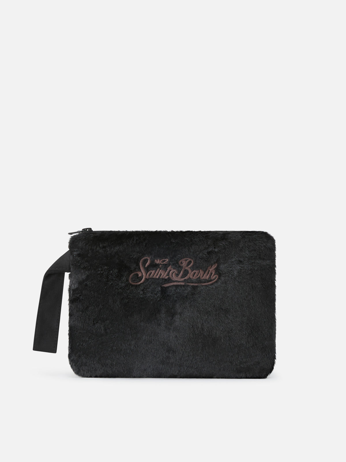 Pareasy en fausse fourrure noire pochette avec broderie logo 