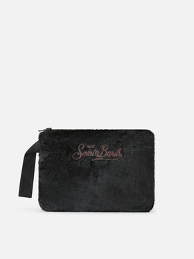 Pareasy en fausse fourrure noire pochette avec broderie logo 