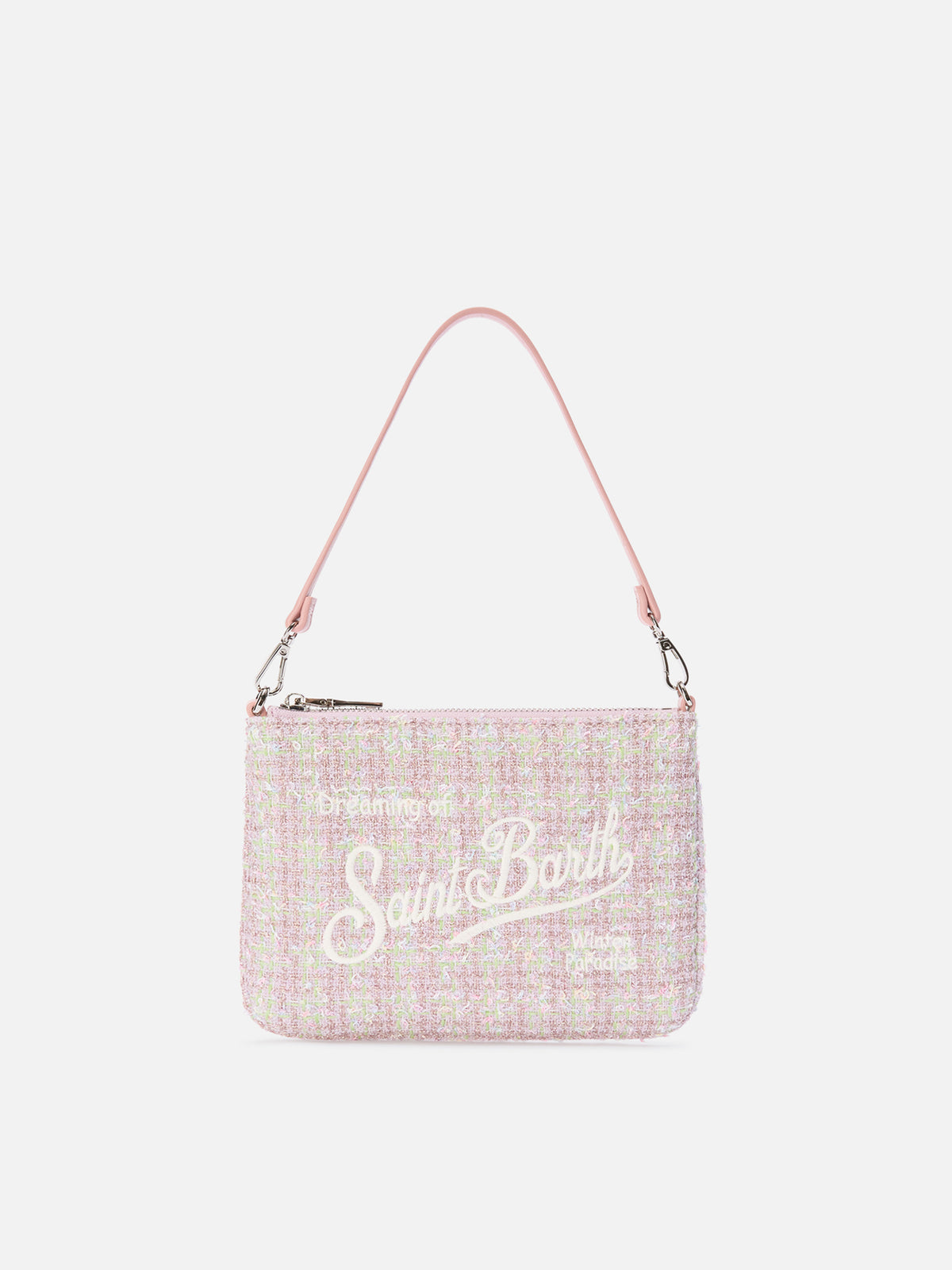 Borsa a spalla Mini Parisienne rosa in tweed con ricamo logo