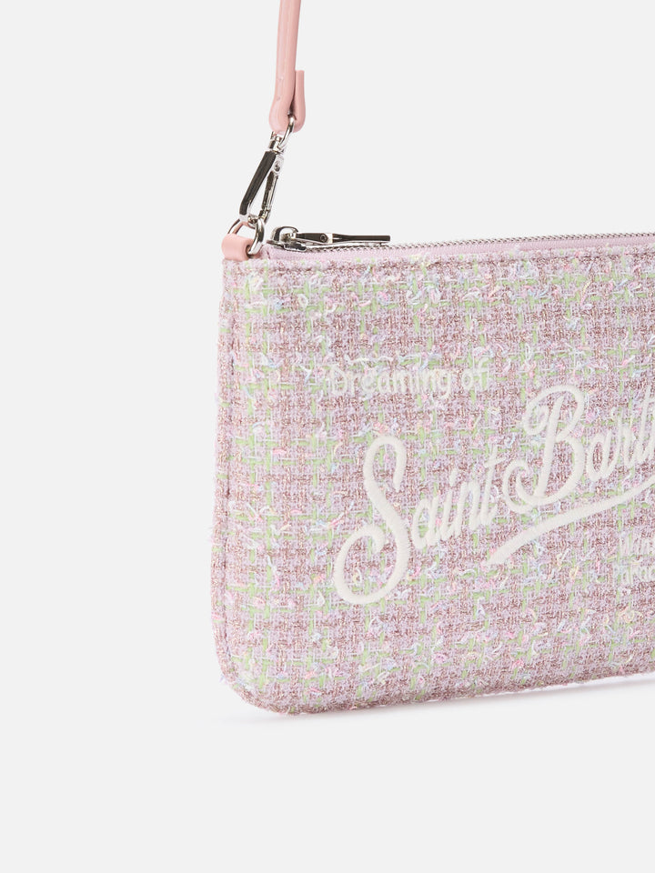 Bolso de hombro mini Parisienne de tweed rosa con bordado del logo 
