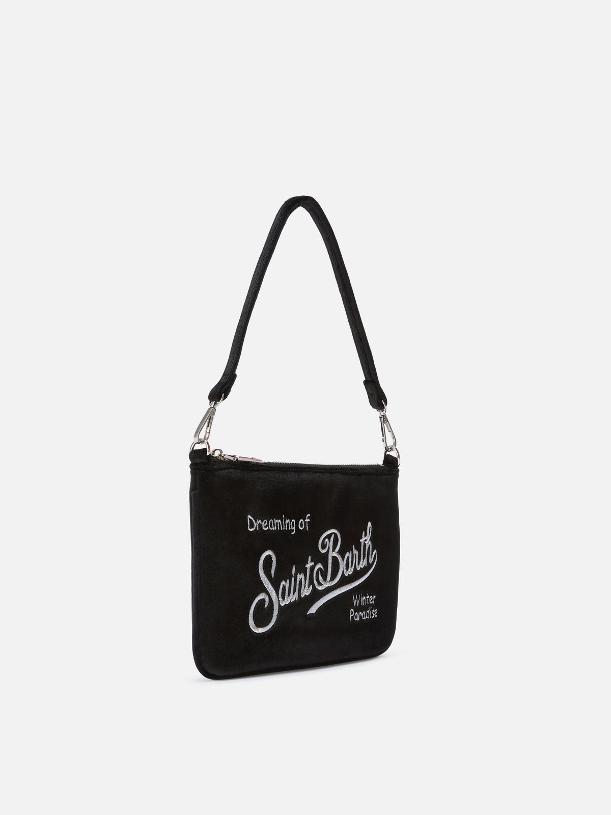 Borsa a spalla Mini Parisienne nera in velluto con ricamo logo