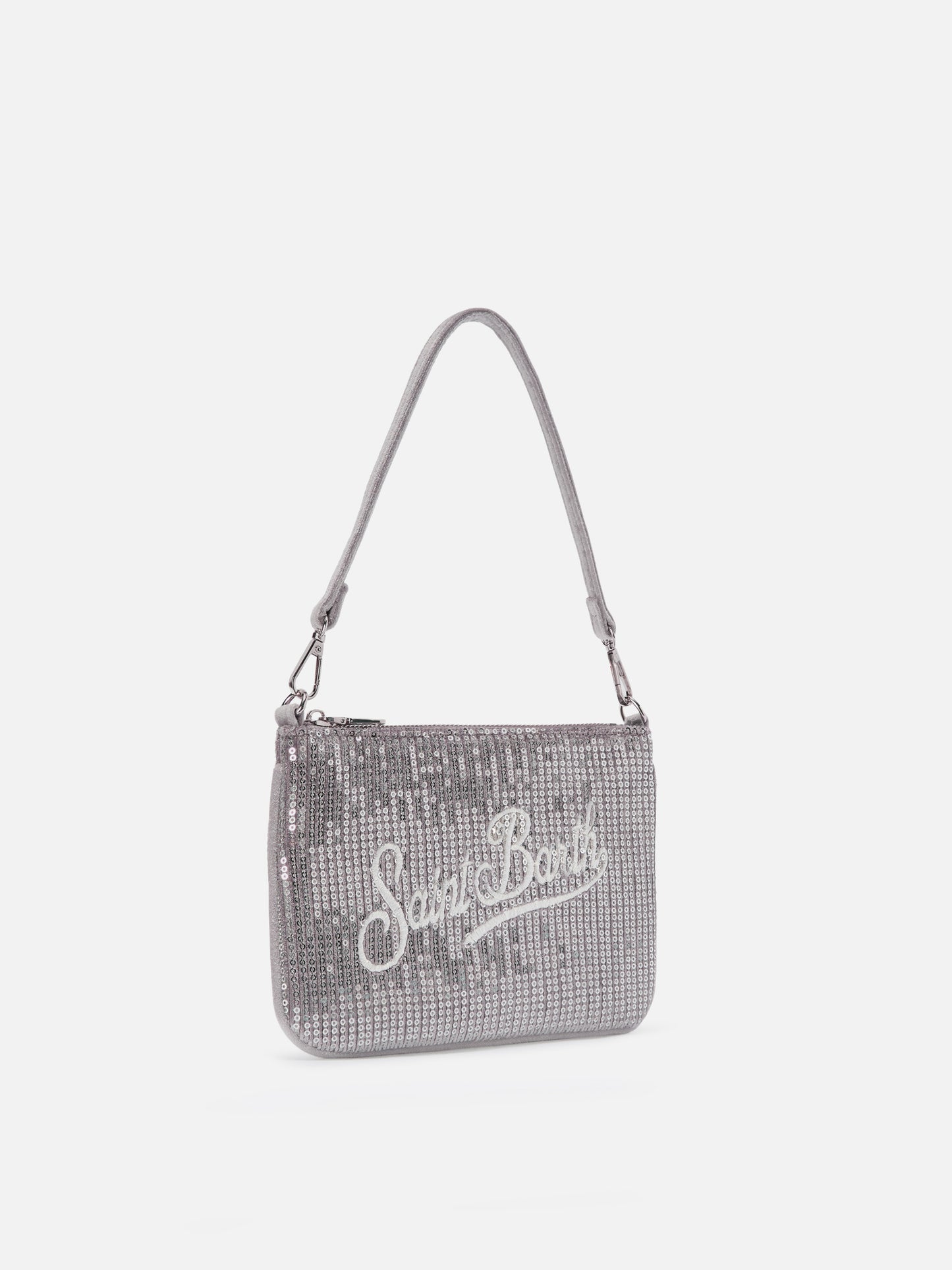 Parisienne Mini-Schultertasche aus grauem Samt mit Pailletten