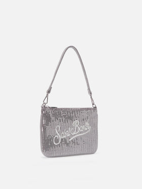 Parisienne Mini-Schultertasche aus grauem Samt mit Pailletten