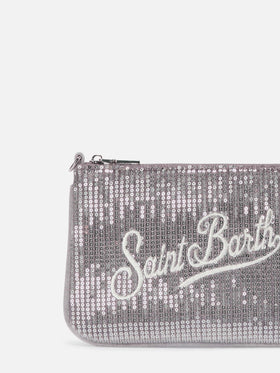 Parisienne Mini-Schultertasche aus grauem Samt mit Pailletten