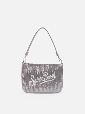 Parisienne Mini-Schultertasche aus grauem Samt mit Pailletten