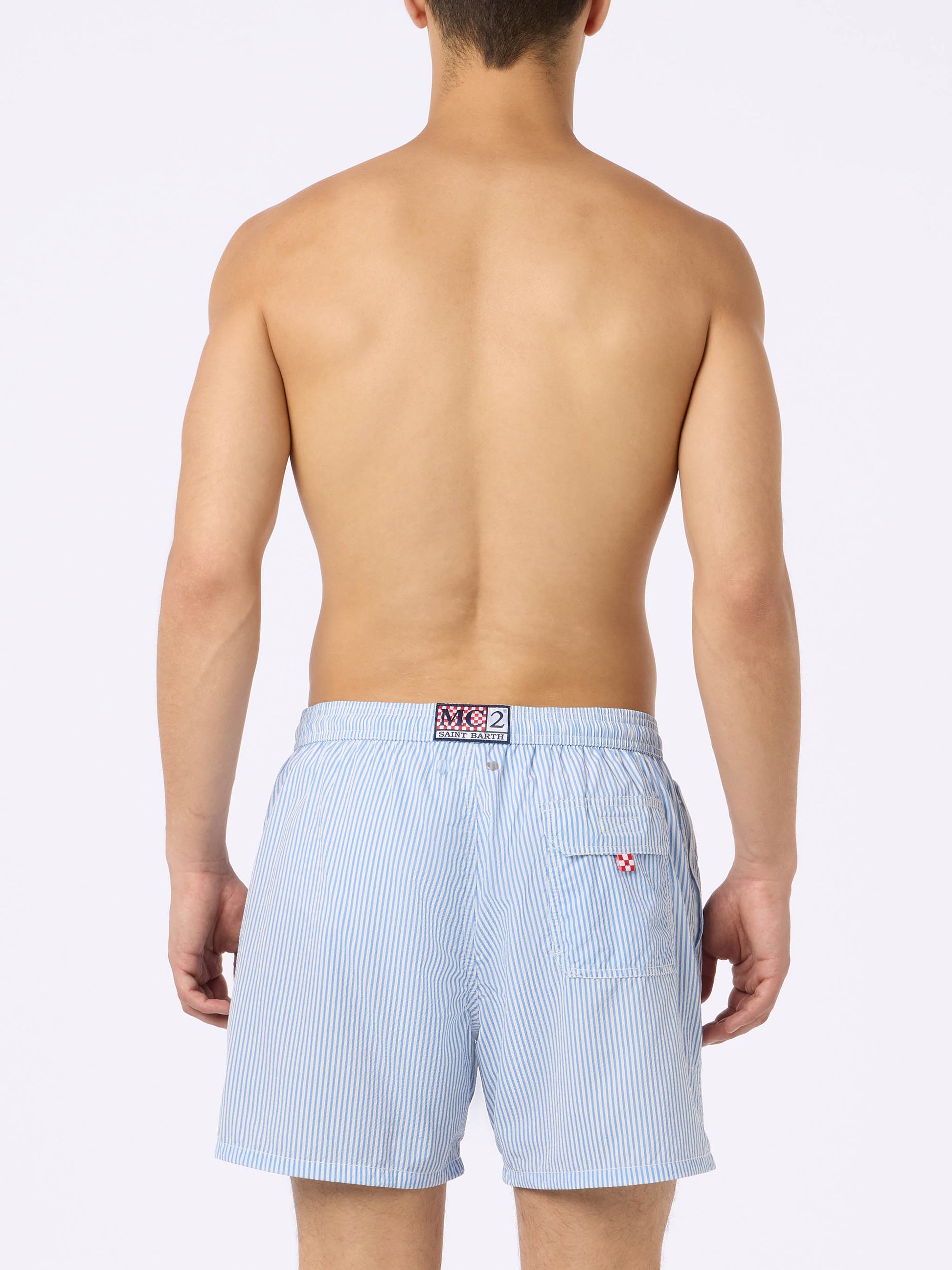 Seersucker light blue striped swim shorts Patmos - MC2 Saint Barth