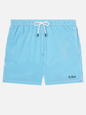 Bañador shorts de seersucker a rayas Patmos en bluette y blanco 