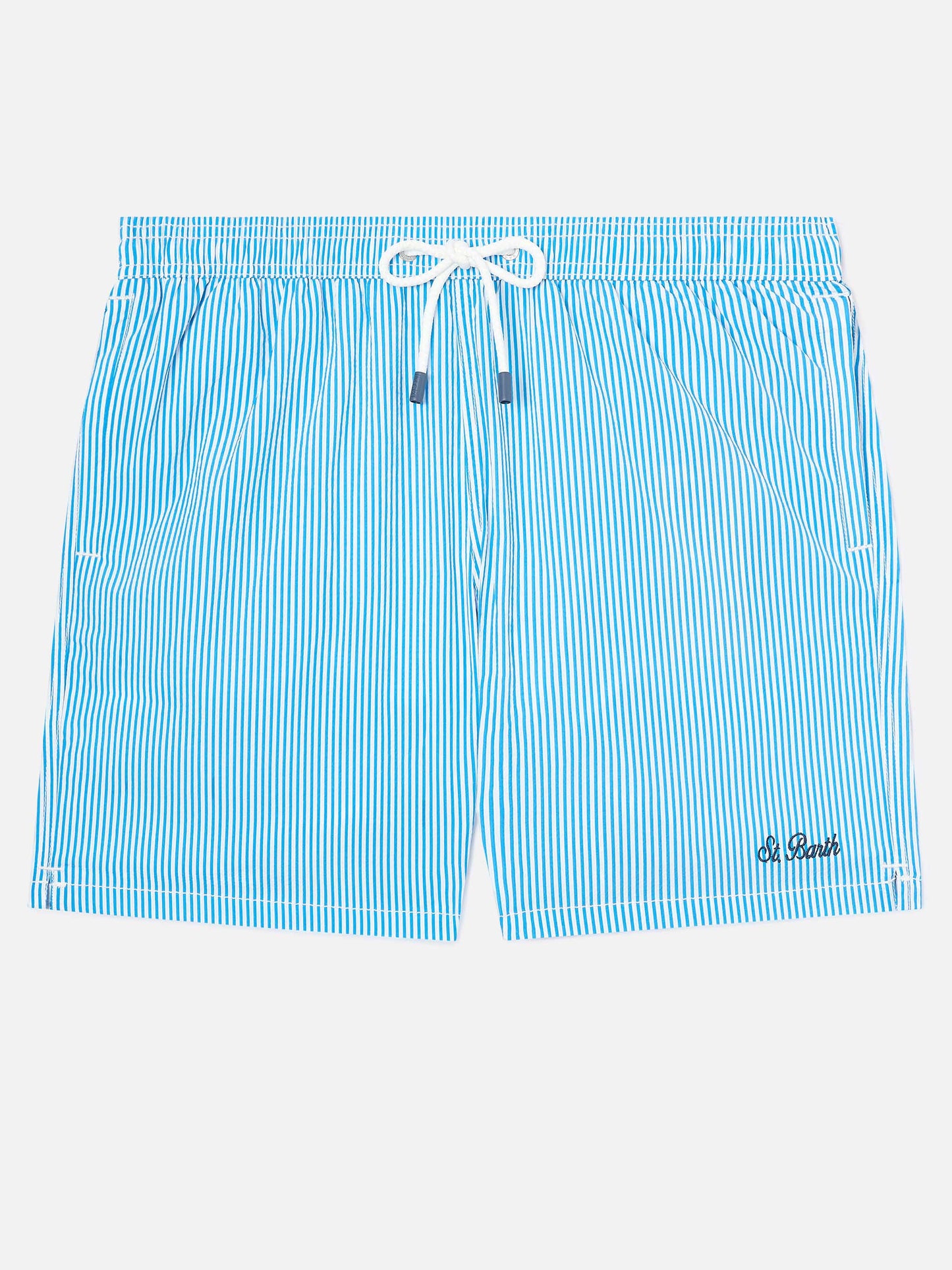 Patmos Seersucker-gestreifte Badeshorts in Bluette und Weiß 