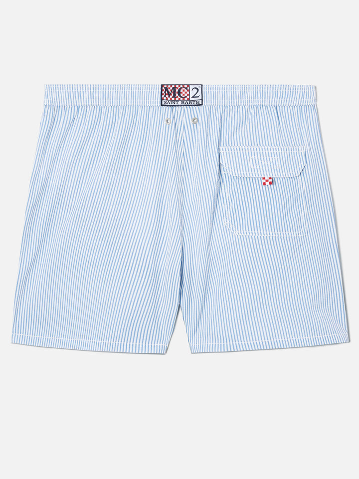 Patmos seersucker striped swim shorts in blue and white
